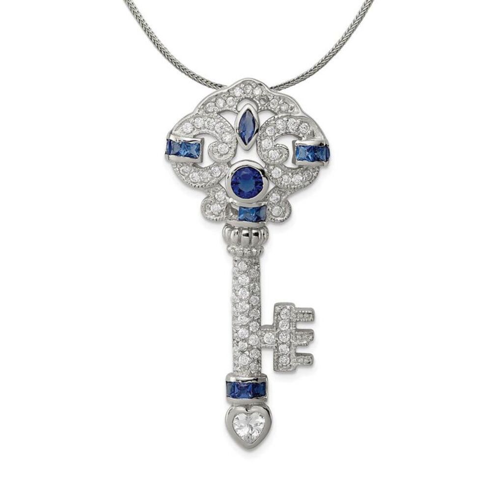 Silver and Cubic Zirconia Ornamental Key Slide Necklace - 24 In